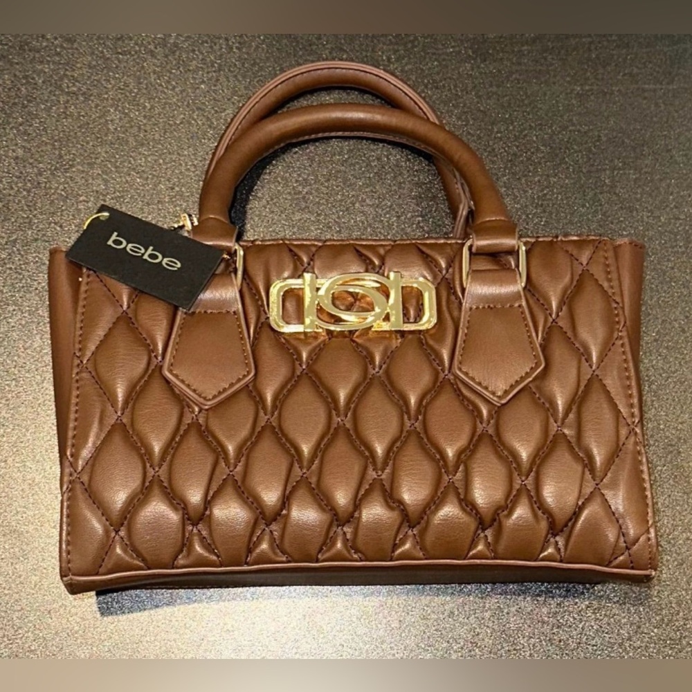 Bebe Quilted Brown Satchel Bag Gold Logo Top Handle Purse NWT